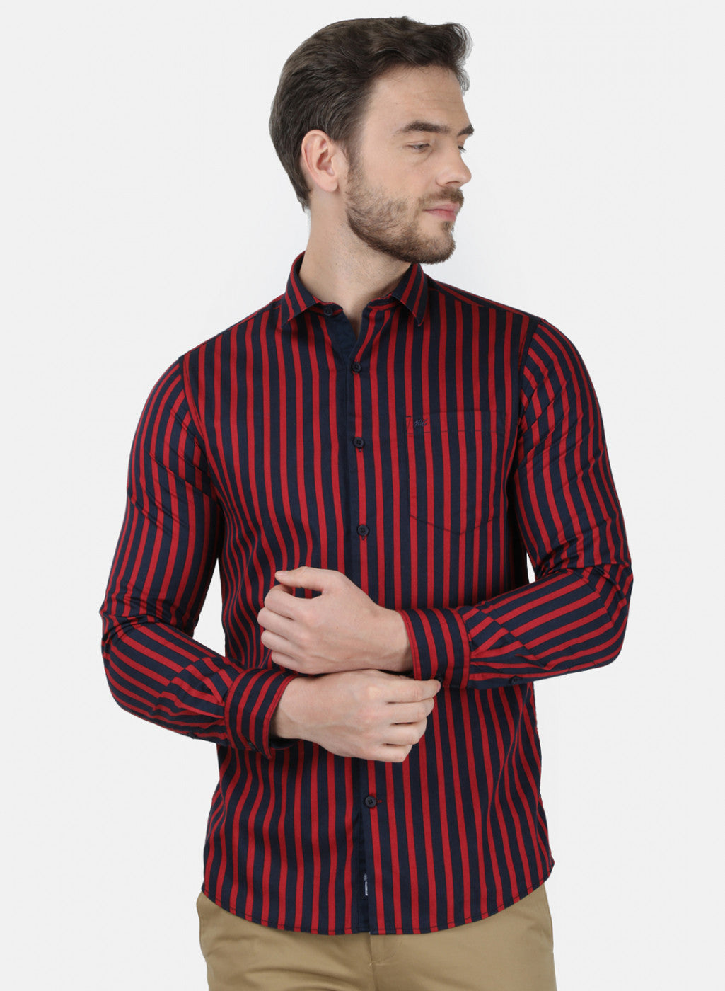 maroon and black striped shirt