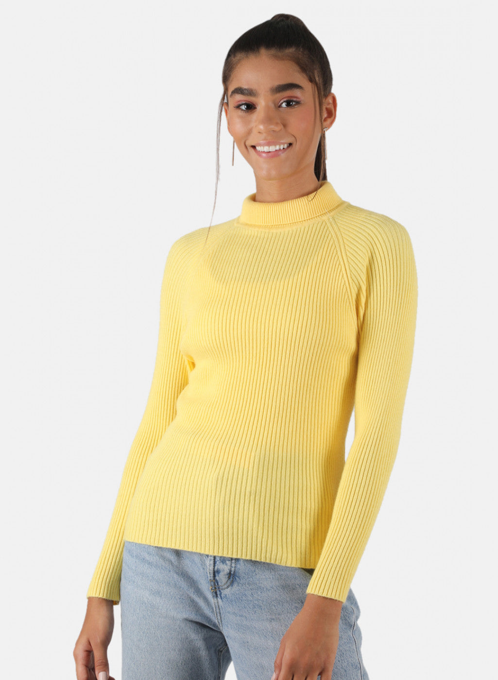 Women Yellow Solid Turtle Neck Sweater