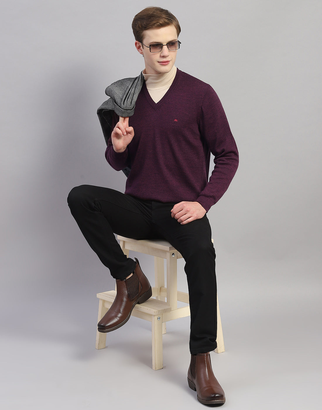 Mens purple sweater on sale outfit