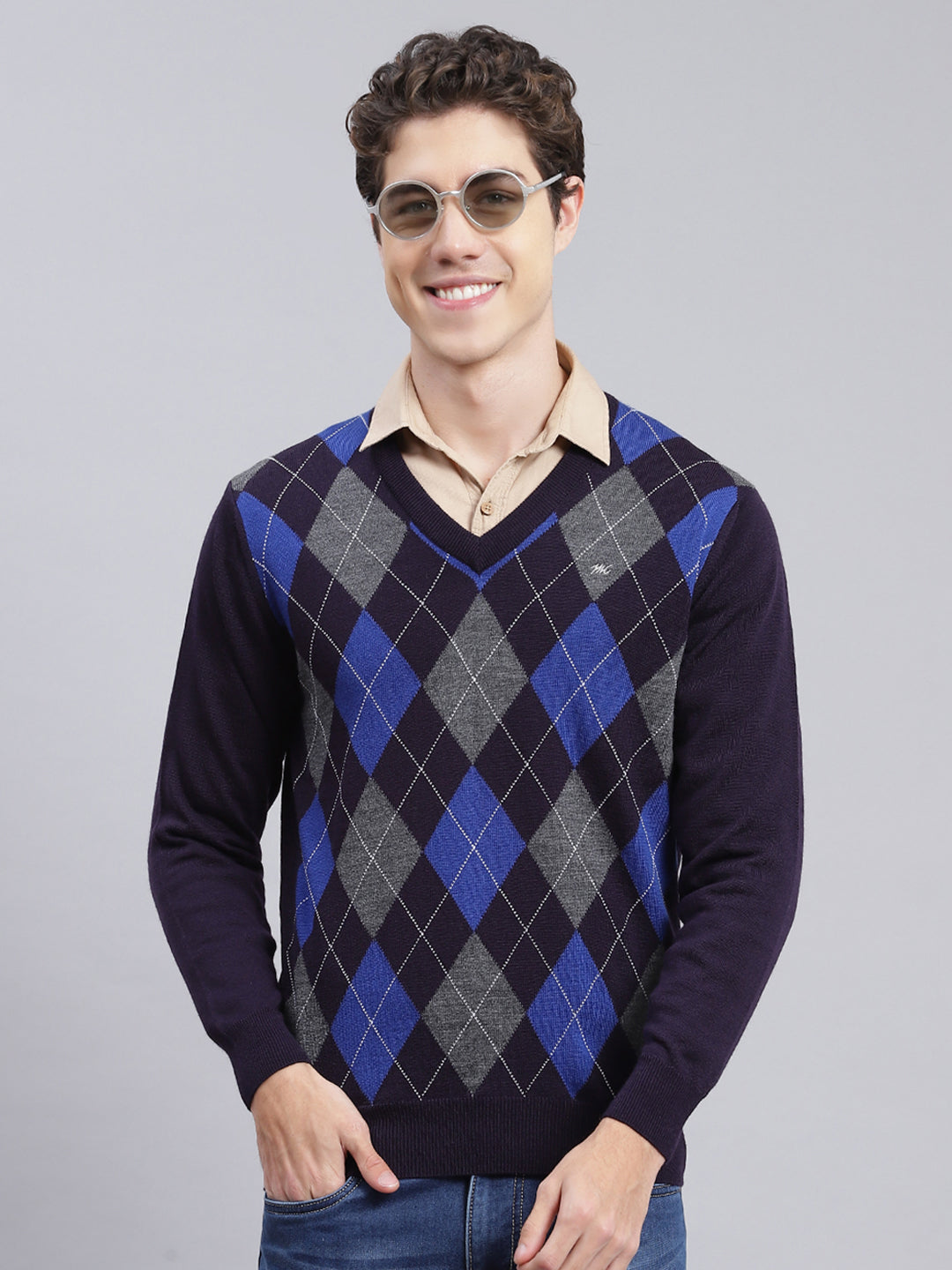 Buy Men Navy Blue Printed Wool blend Pullover Online in India