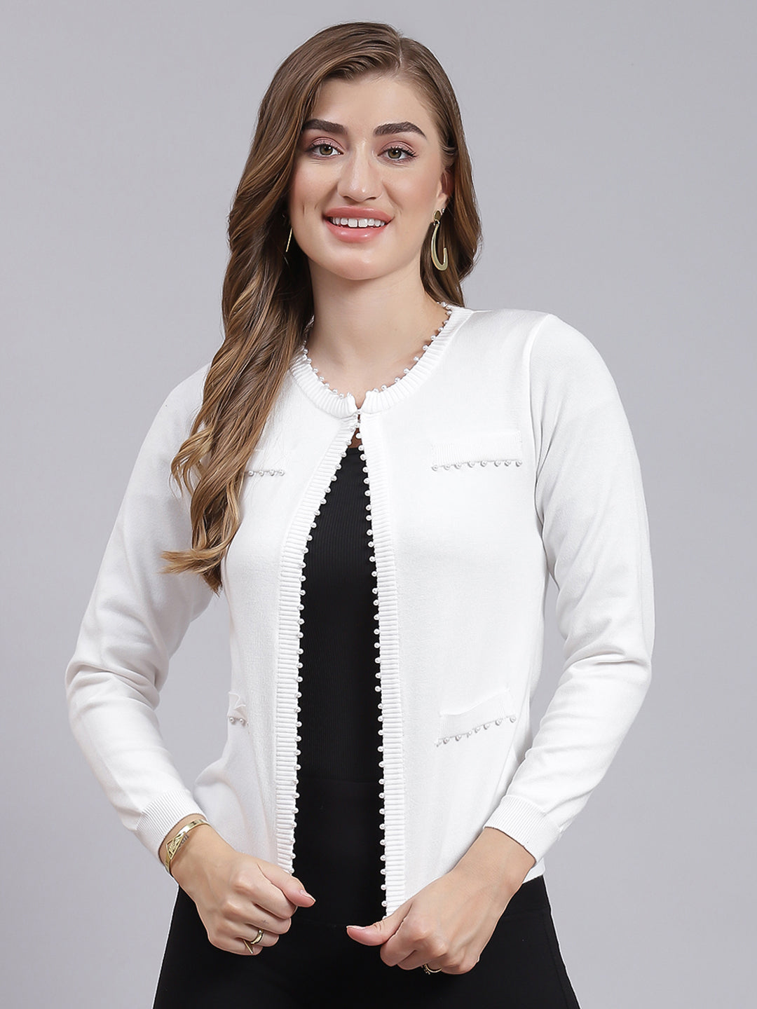 Women White Solid Wool blend Cardigan