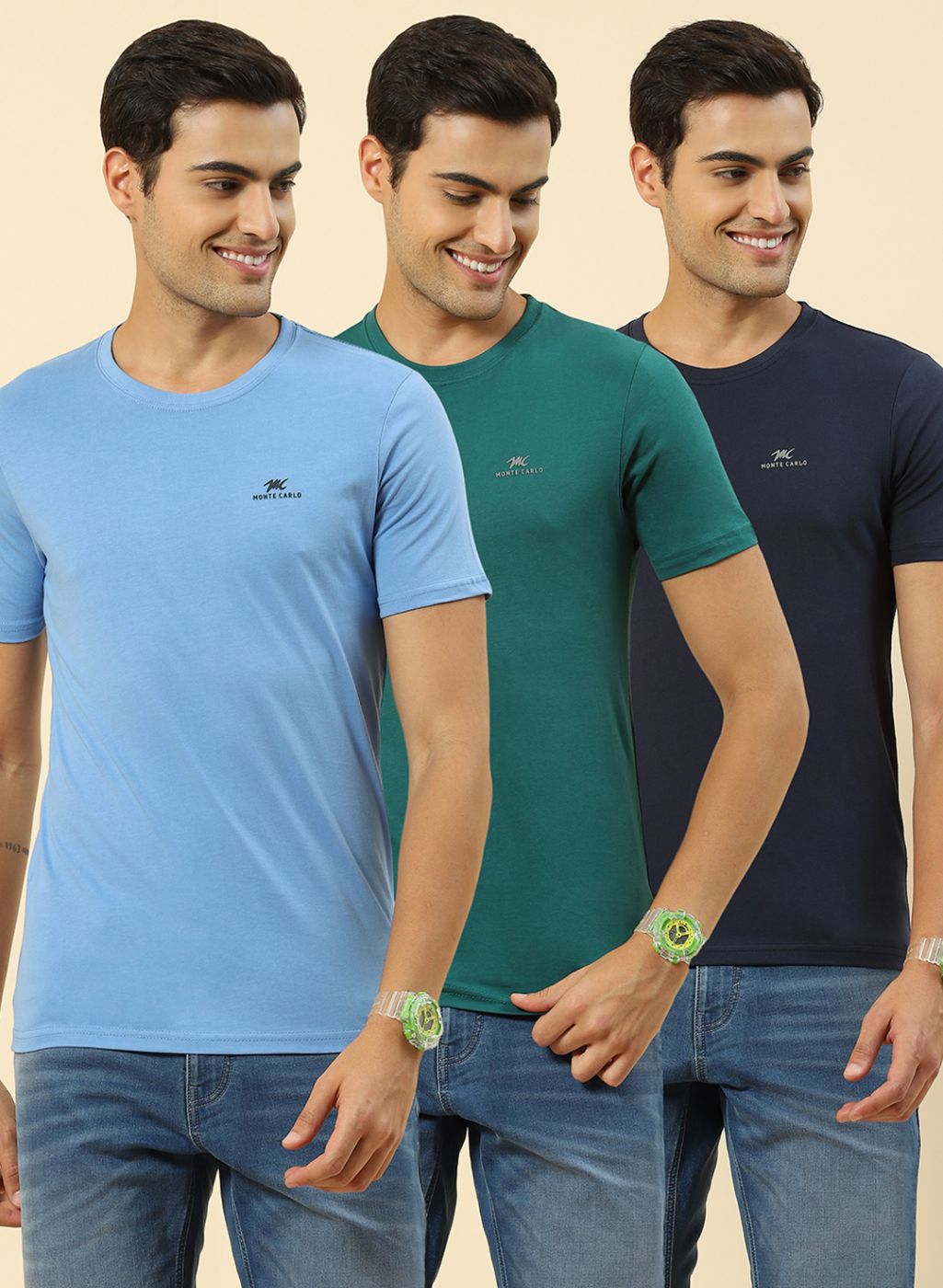 Men Sky Blue Green Navy Blue Pack of 3 Plain T Shirt