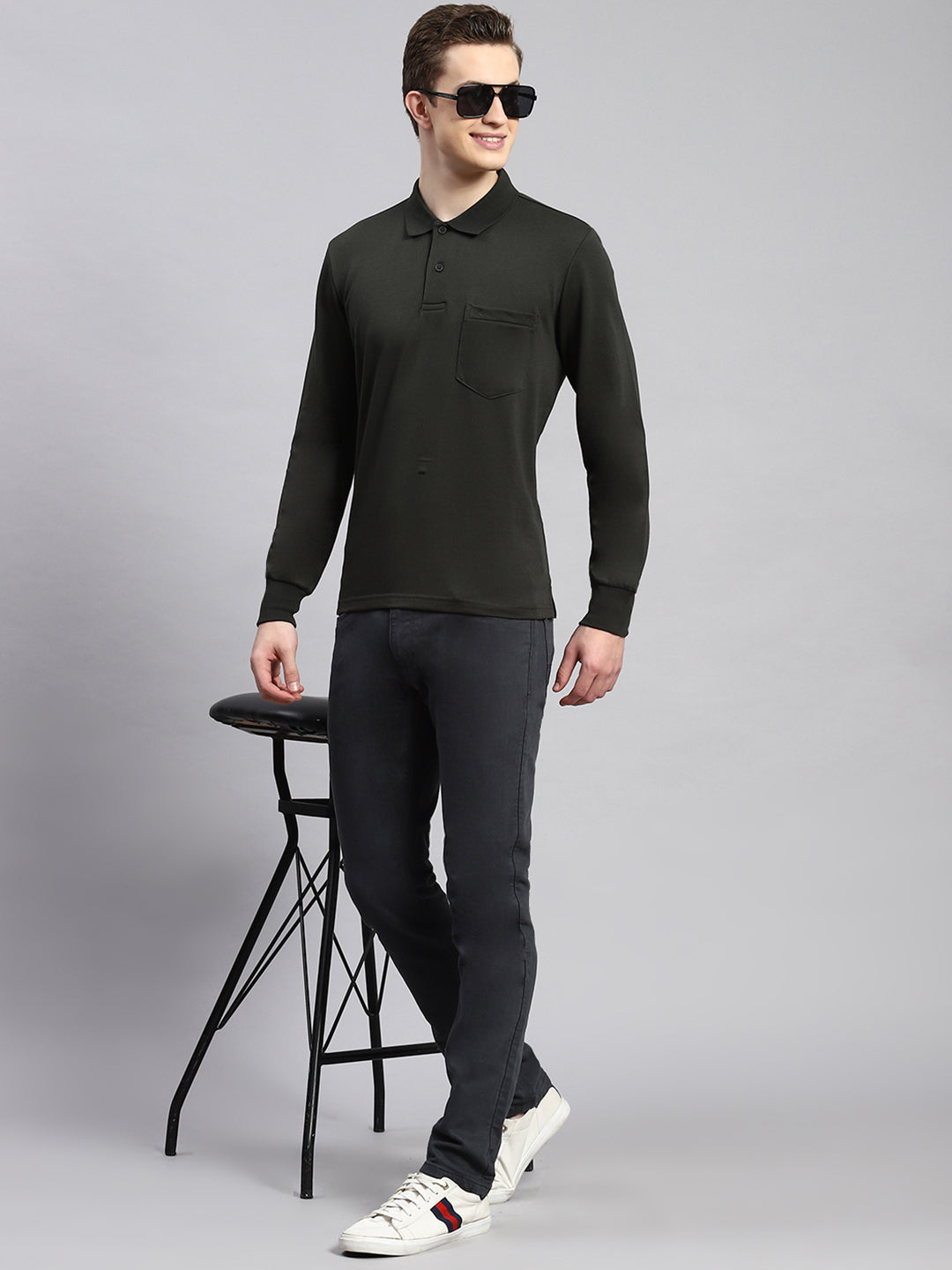 Men Olive Plain Winter T Shirt