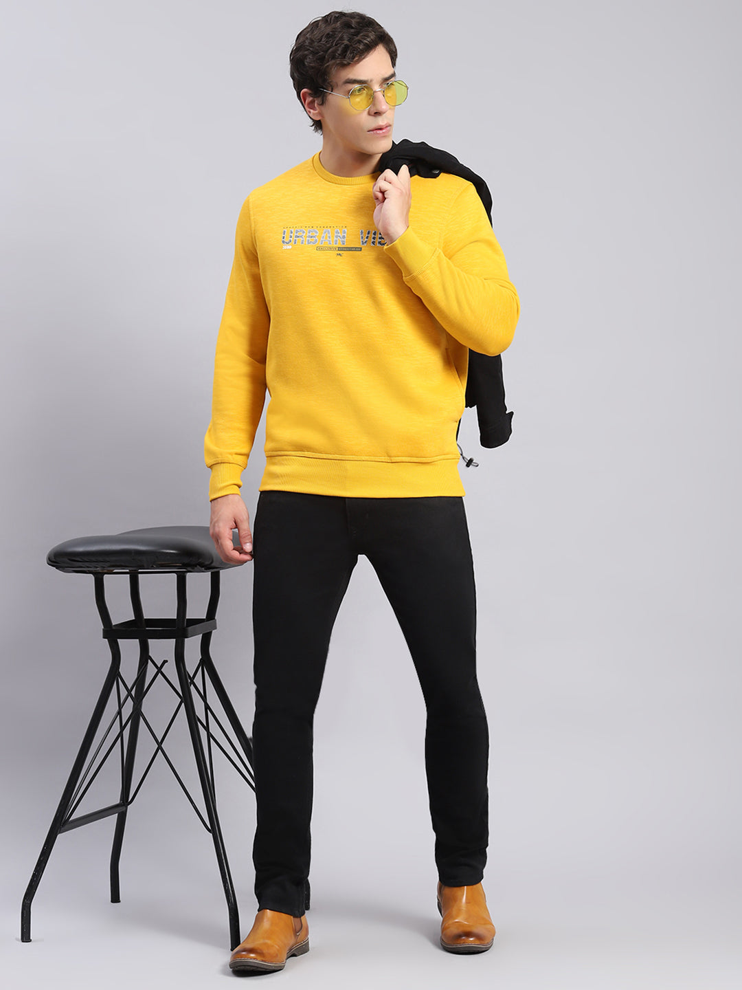 Solid Yellow Full Sleeve Hooded Sweatshirt for Men