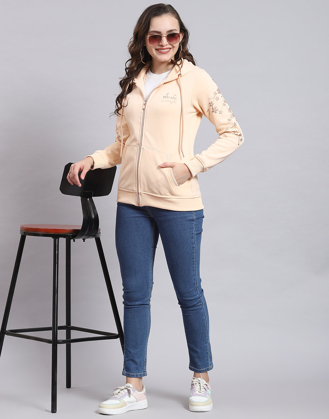 Women Beige Printed Hooded Full Sleeve Sweatshirt