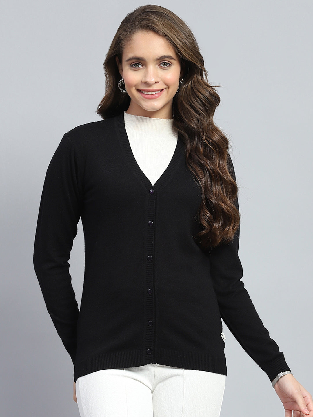 Women Black Solid V Neck Full Sleeve Cardigan