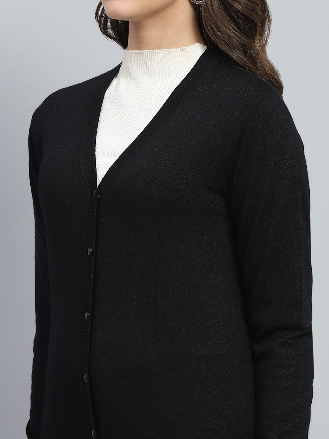 Women Black Solid V Neck Full Sleeve Cardigan