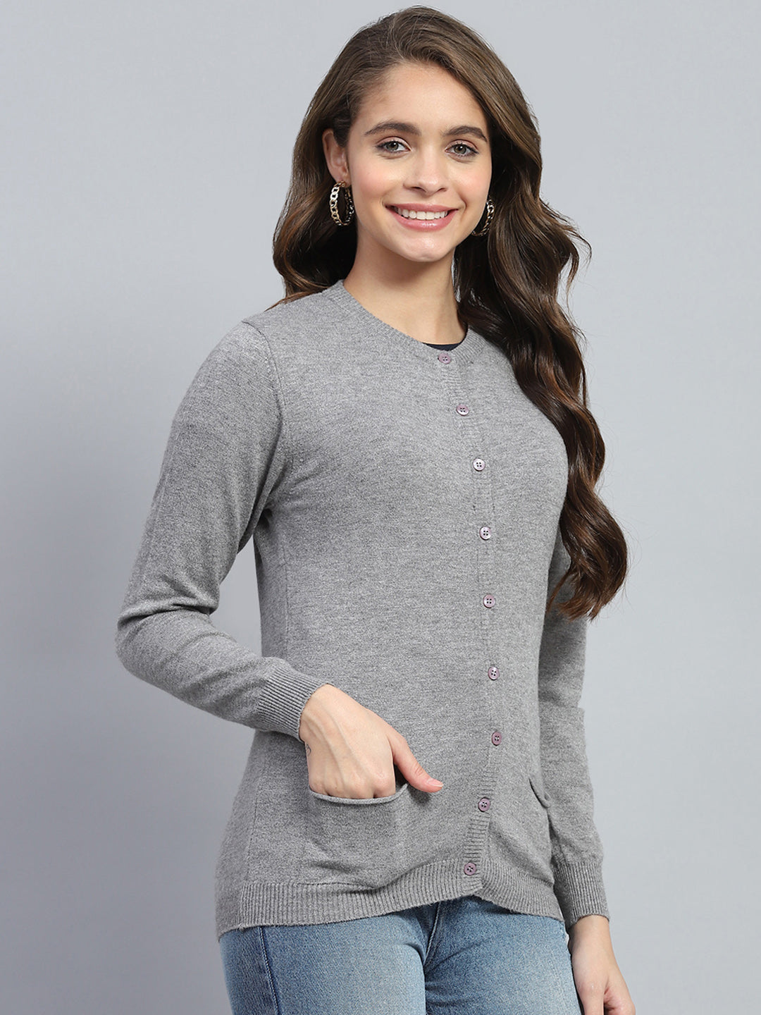 Women Grey Solid Round Neck Full Sleeve Cardigan