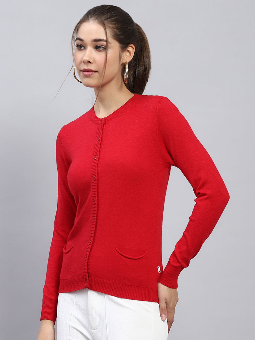 Women Red Solid Round Neck Full Sleeve Cardigan