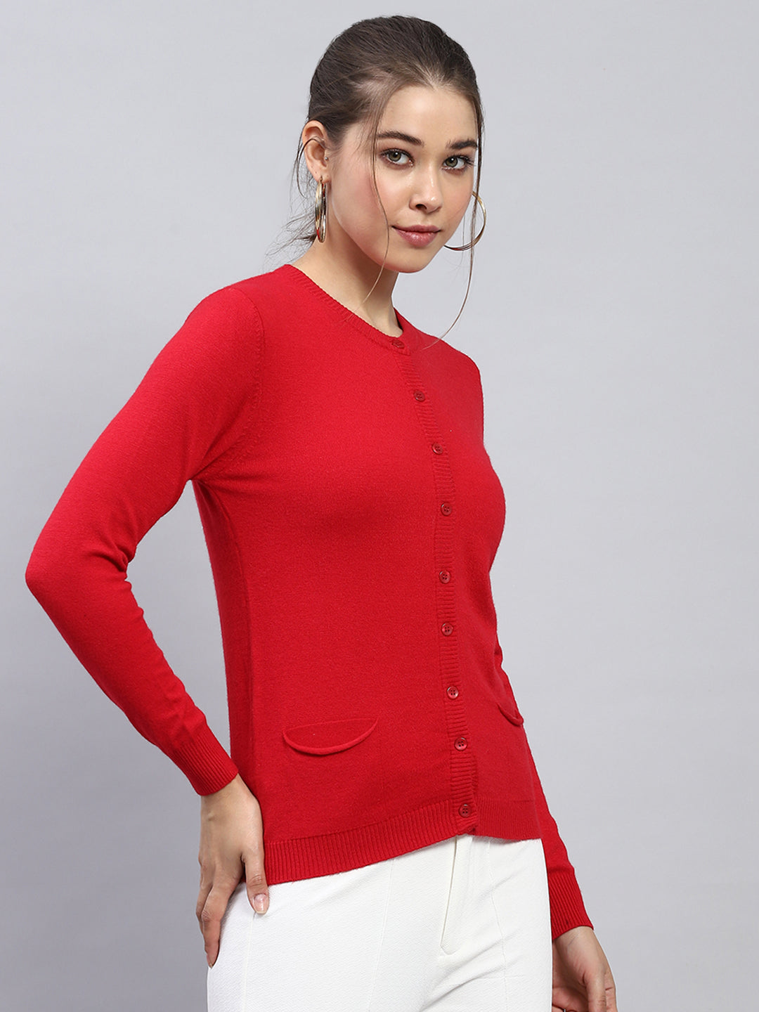 Women Red Solid Round Neck Full Sleeve Cardigan