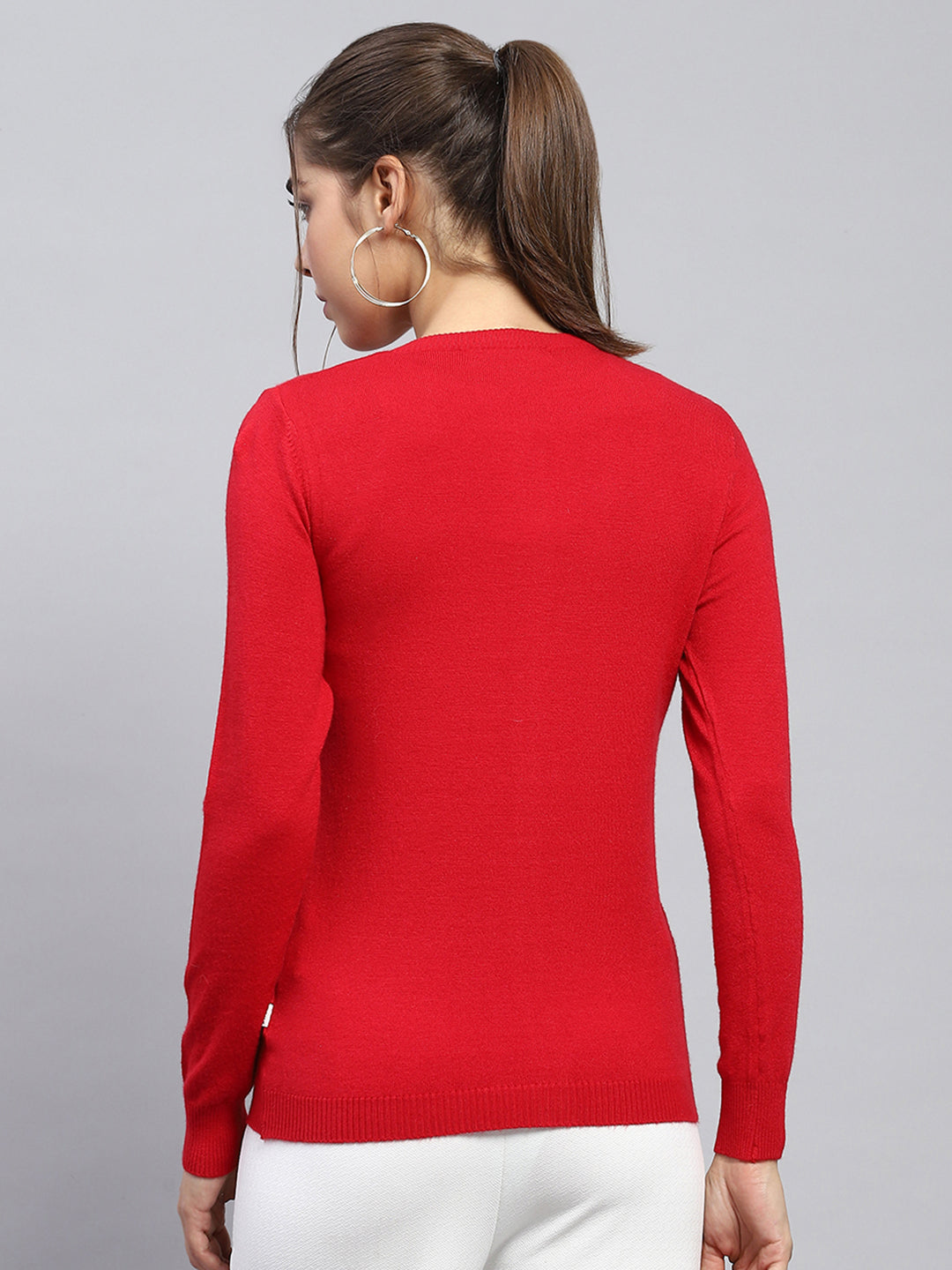 Women Red Solid Round Neck Full Sleeve Cardigan