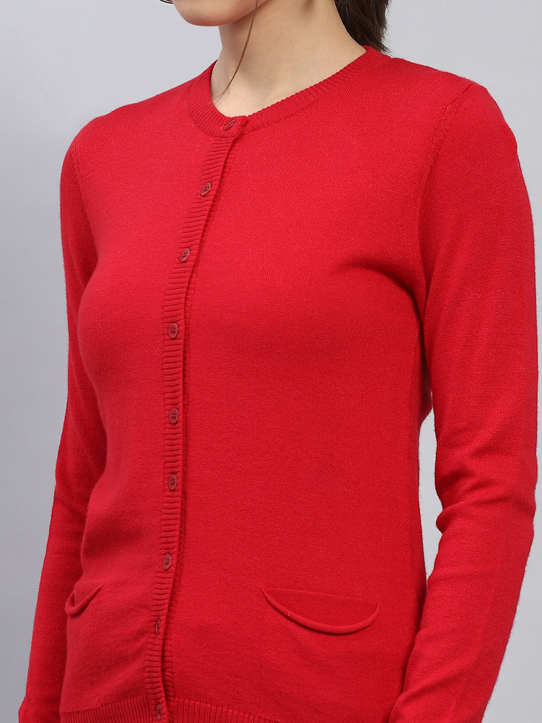 Women Red Solid Round Neck Full Sleeve Cardigan