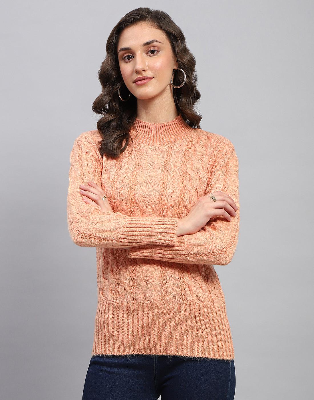 Women Peach Solid Turtle Neck Full Sleeve Winter Top