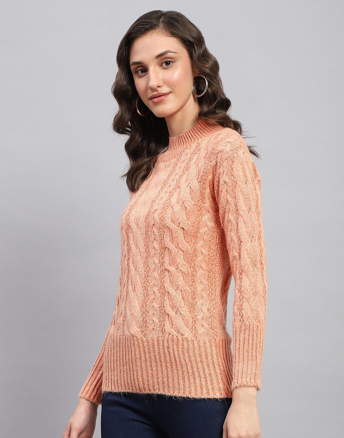 Women Peach Solid Turtle Neck Full Sleeve Winter Top