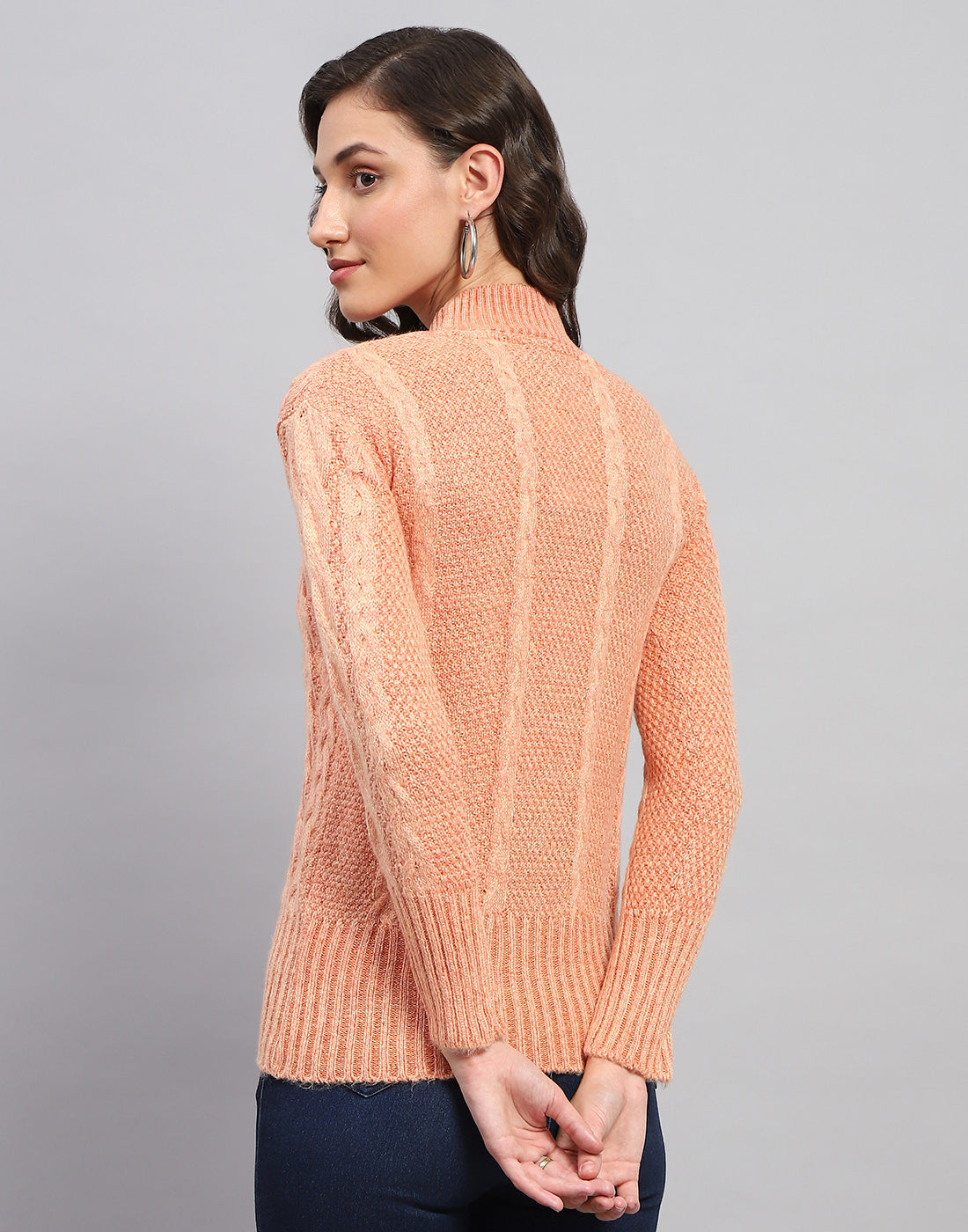 Women Peach Solid Turtle Neck Full Sleeve Winter Top