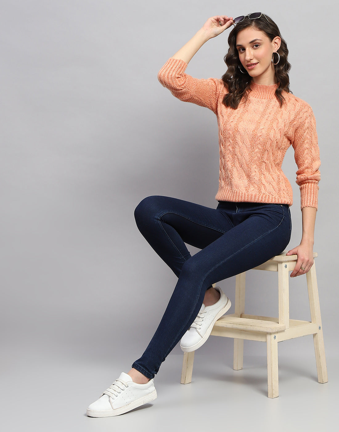 Women Peach Solid Turtle Neck Full Sleeve Winter Top