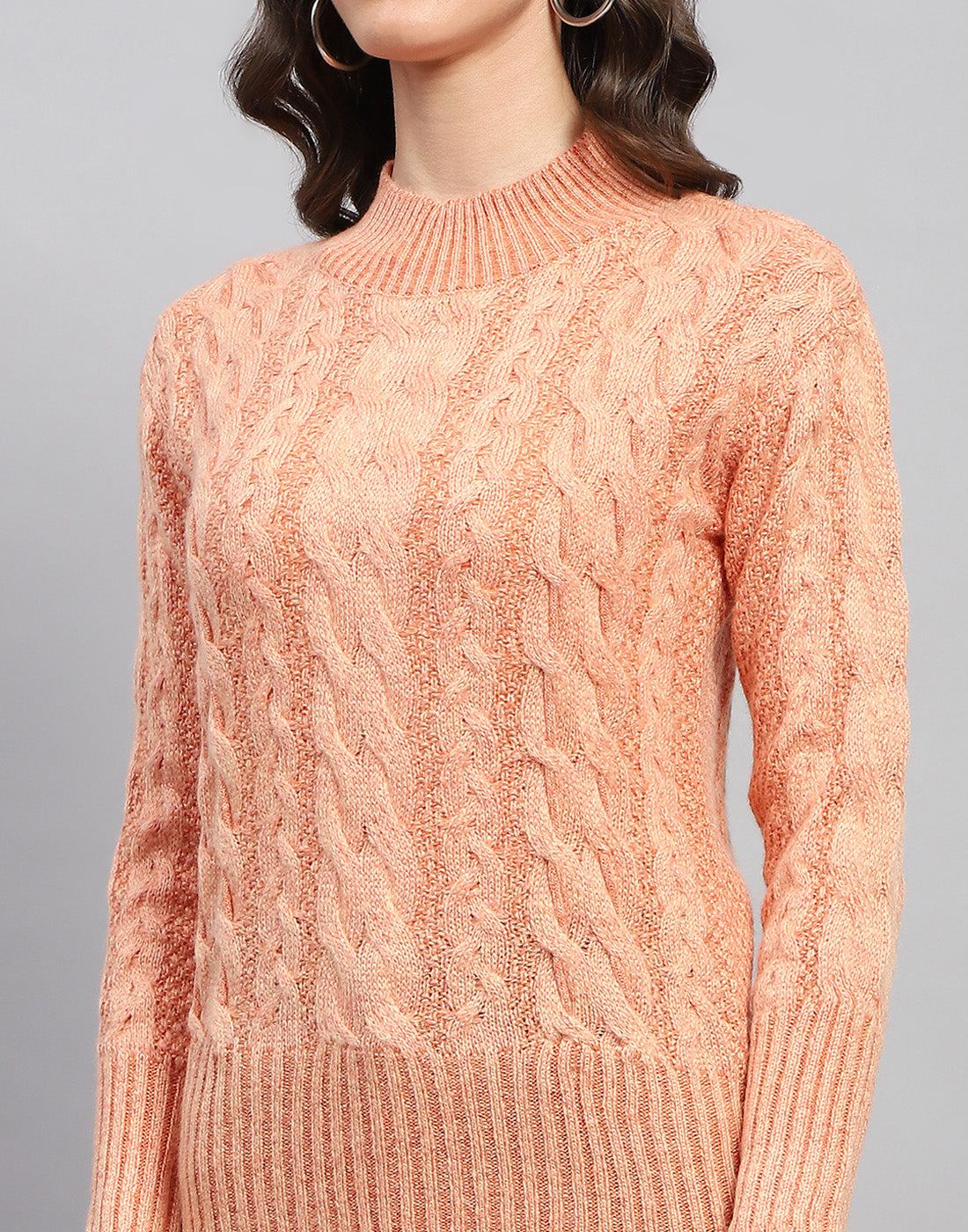 Women Peach Solid Turtle Neck Full Sleeve Winter Top