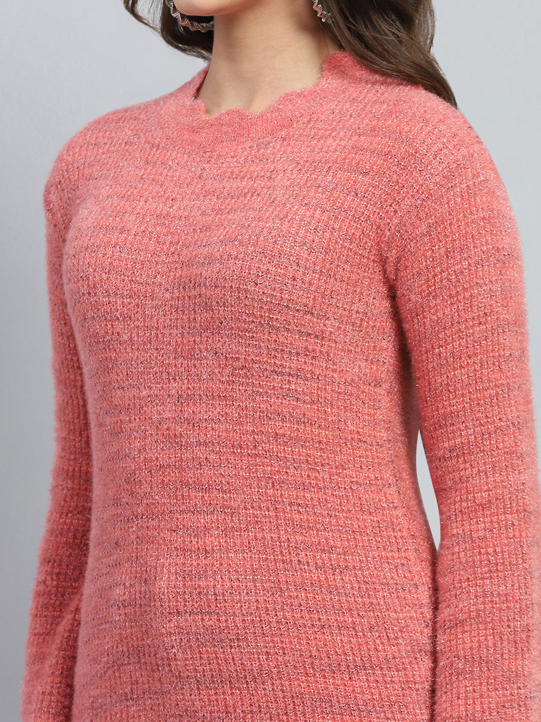 Women Pink Solid Round Neck Full Sleeve Winter Top