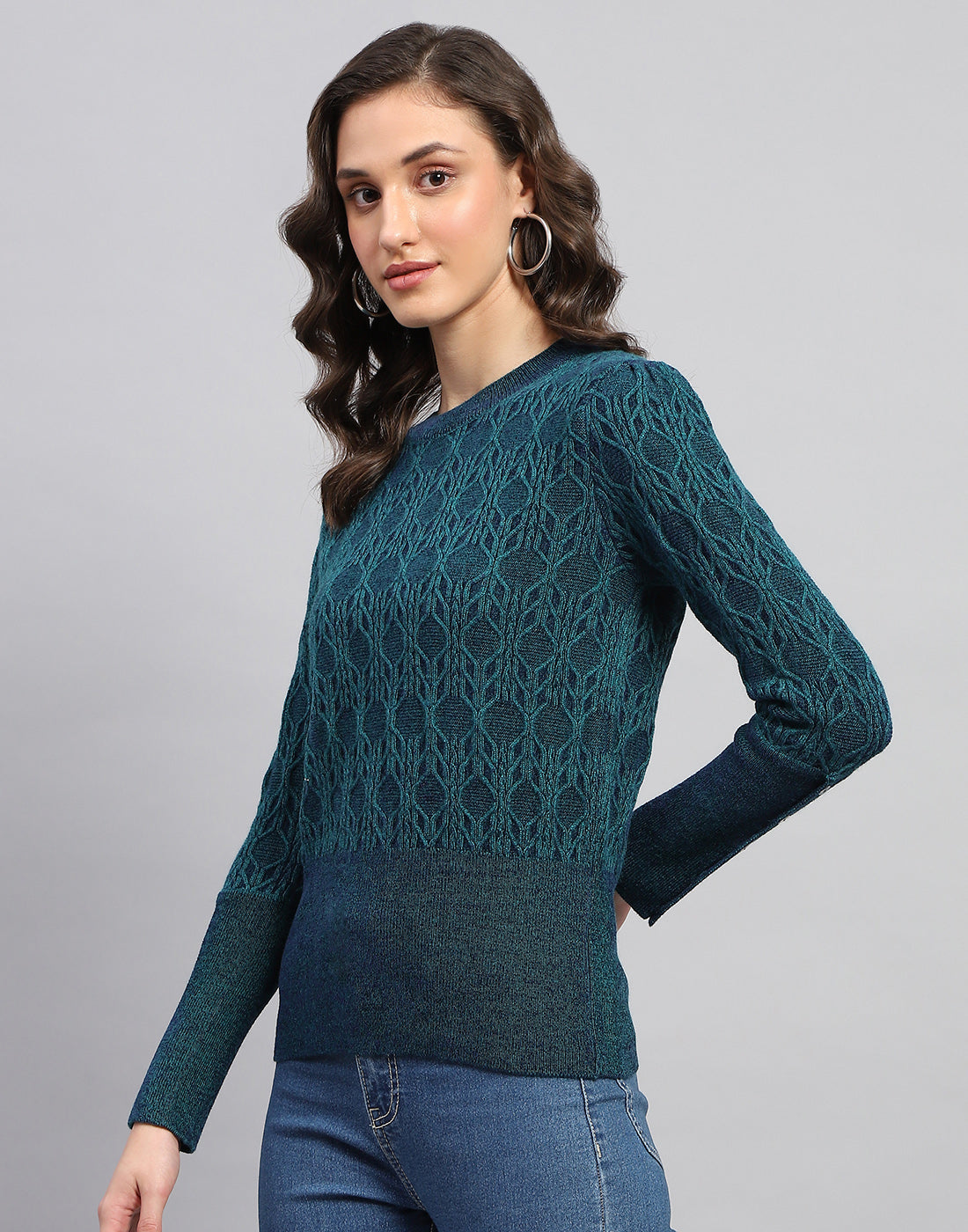 Women Teal Blue Solid Round Neck Full Sleeve Winter Top