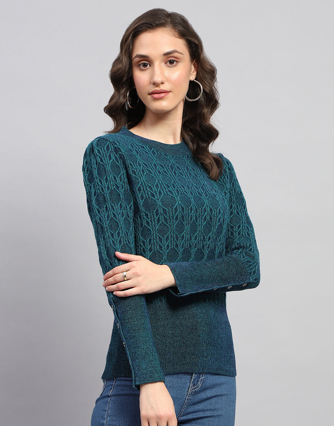 Women Teal Blue Solid Round Neck Full Sleeve Winter Top