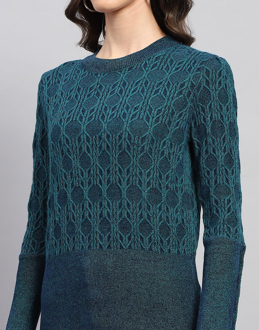 Women Teal Blue Solid Round Neck Full Sleeve Winter Top