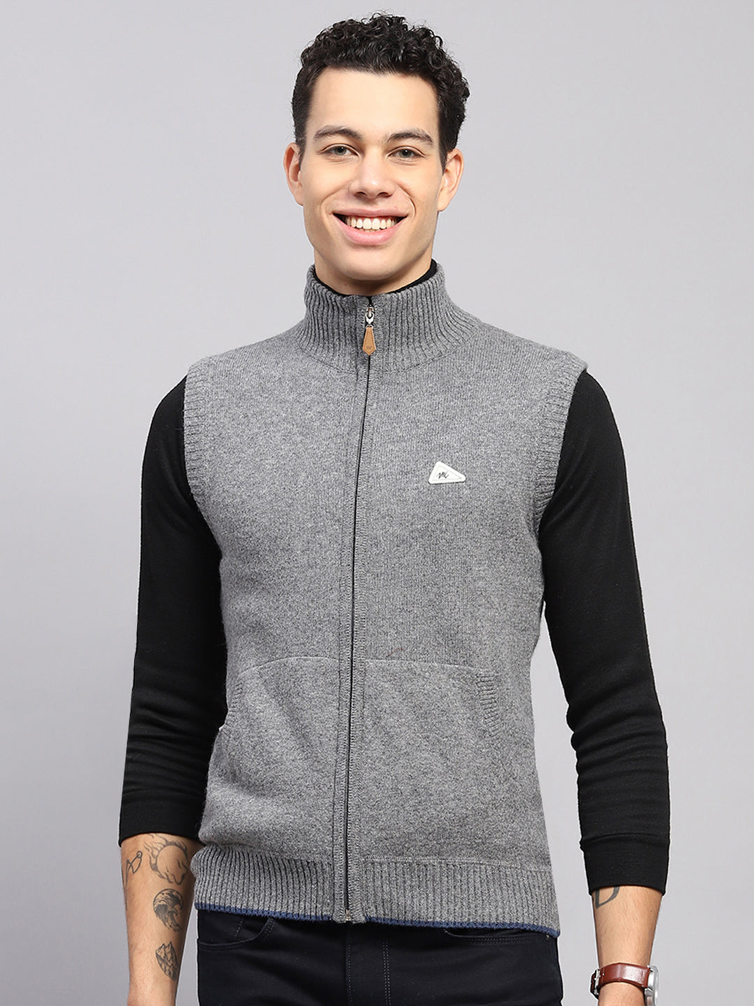 Men Grey Solid High Neck Sleeveless Sweater