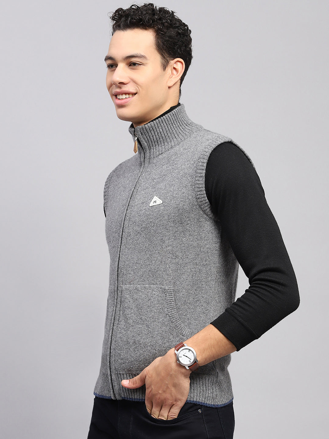 Men Grey Solid High Neck Sleeveless Sweater