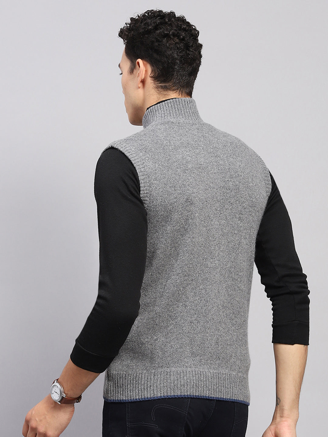 Men Grey Solid High Neck Sleeveless Sweater