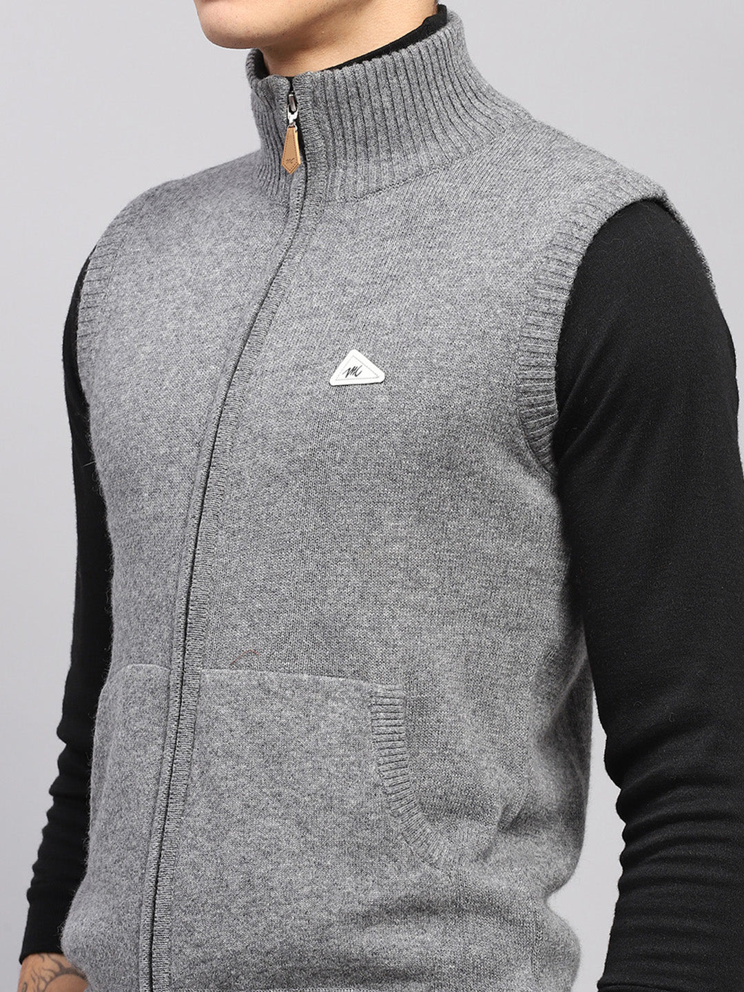 Men Grey Solid High Neck Sleeveless Sweater