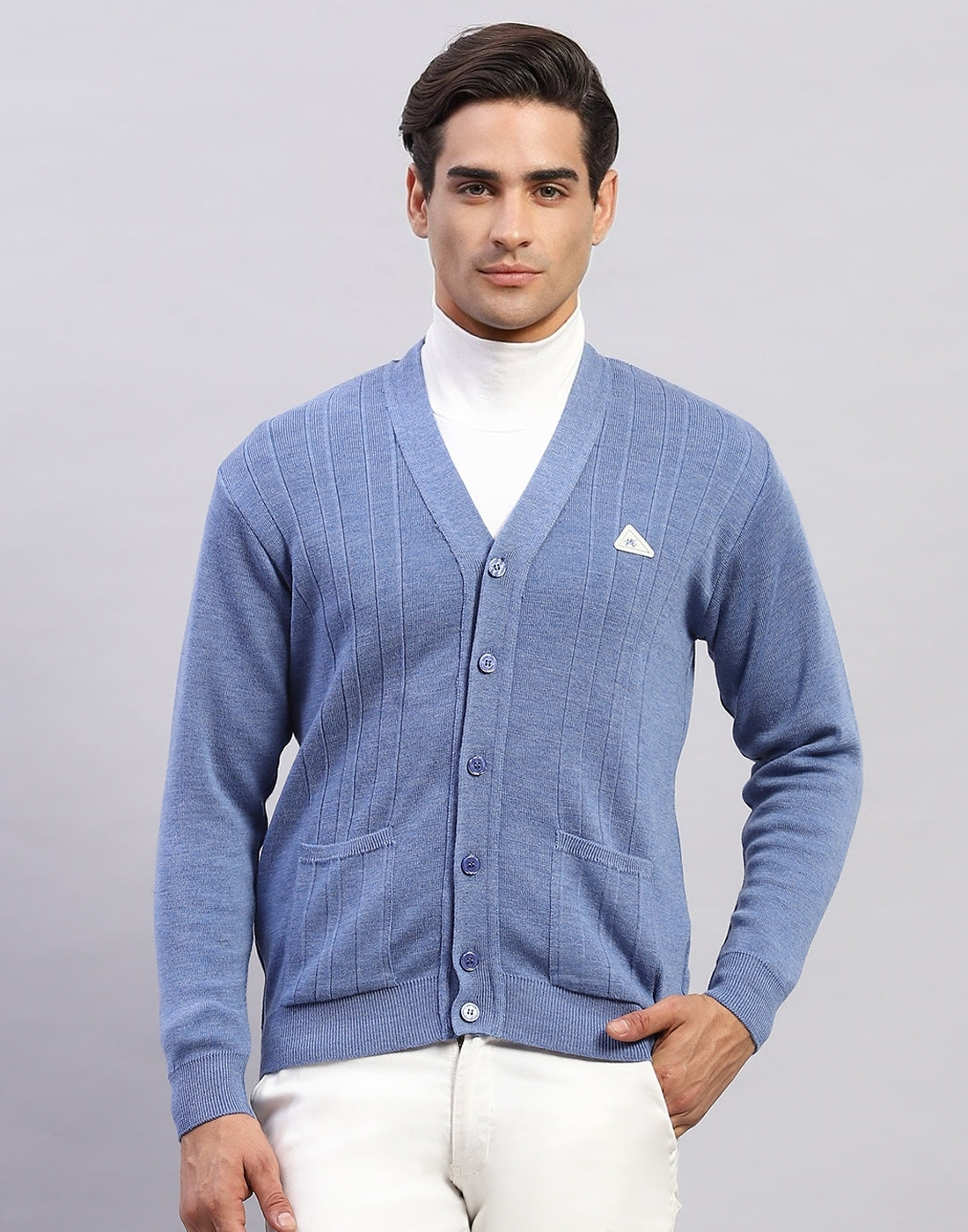 Men Blue Solid V Neck Full Sleeve Cardigan