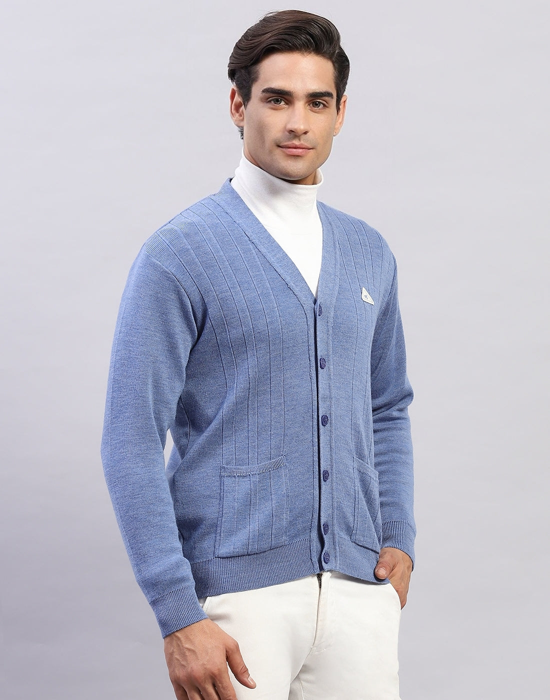 Men Blue Solid V Neck Full Sleeve Cardigan