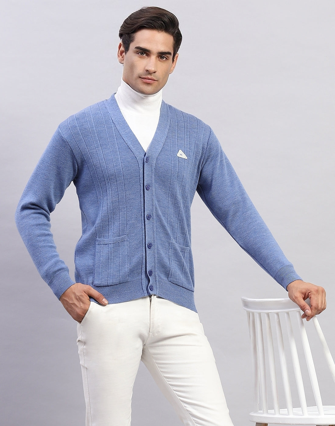 Men Blue Solid V Neck Full Sleeve Cardigan