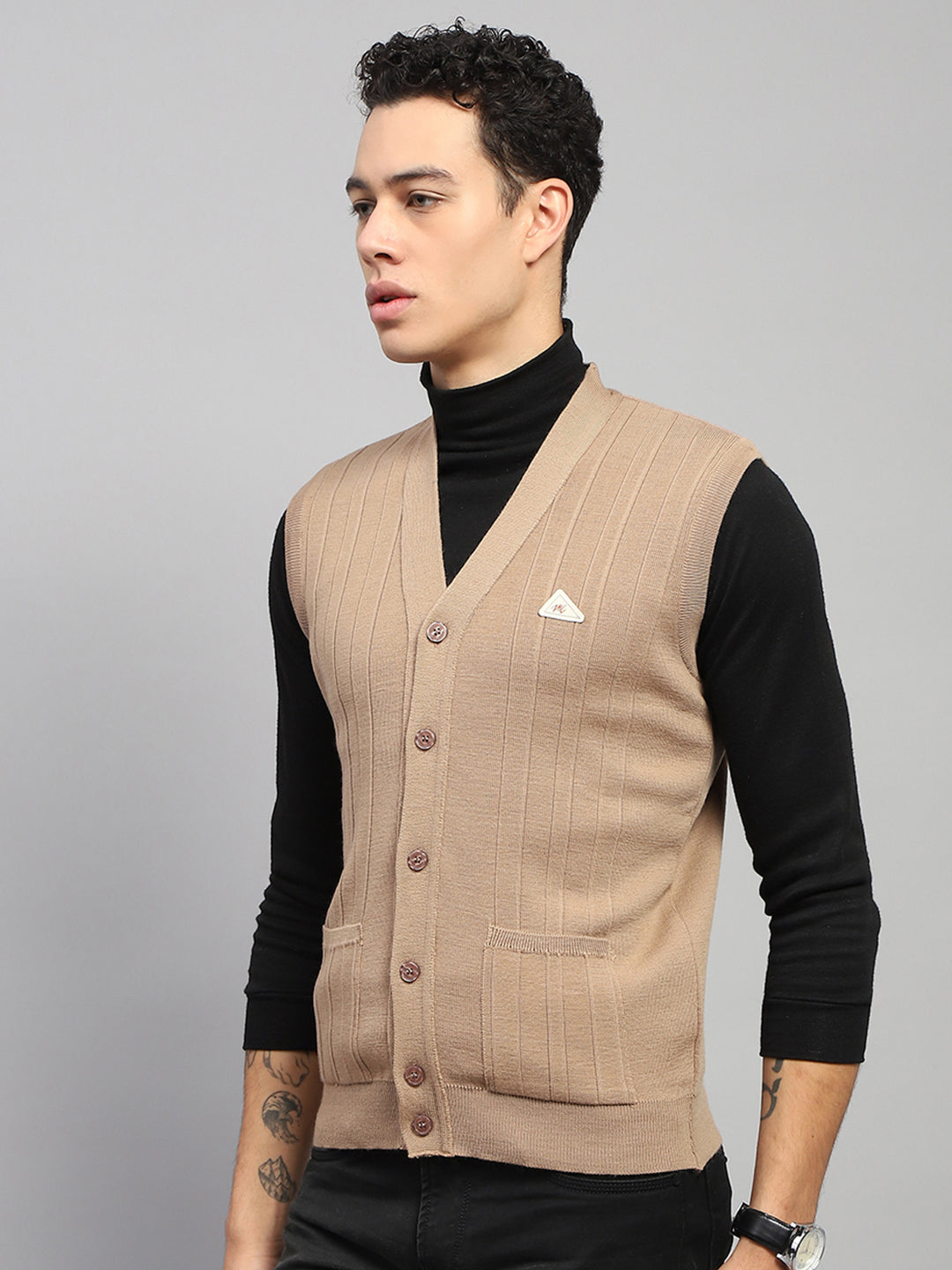 Men Beige Self Design V Neck Sleeveless Cardigan