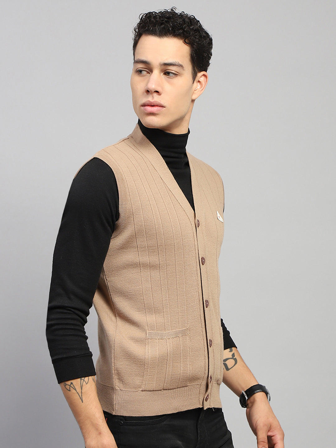 Men Beige Self Design V Neck Sleeveless Cardigan