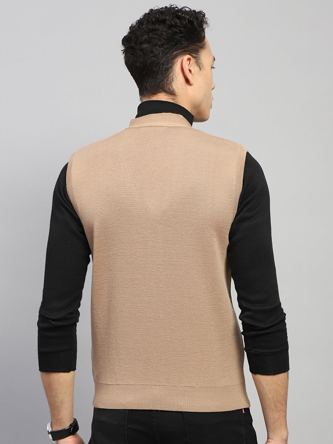 Men Beige Self Design V Neck Sleeveless Cardigan