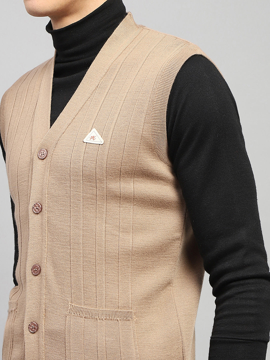 Men Beige Self Design V Neck Sleeveless Cardigan