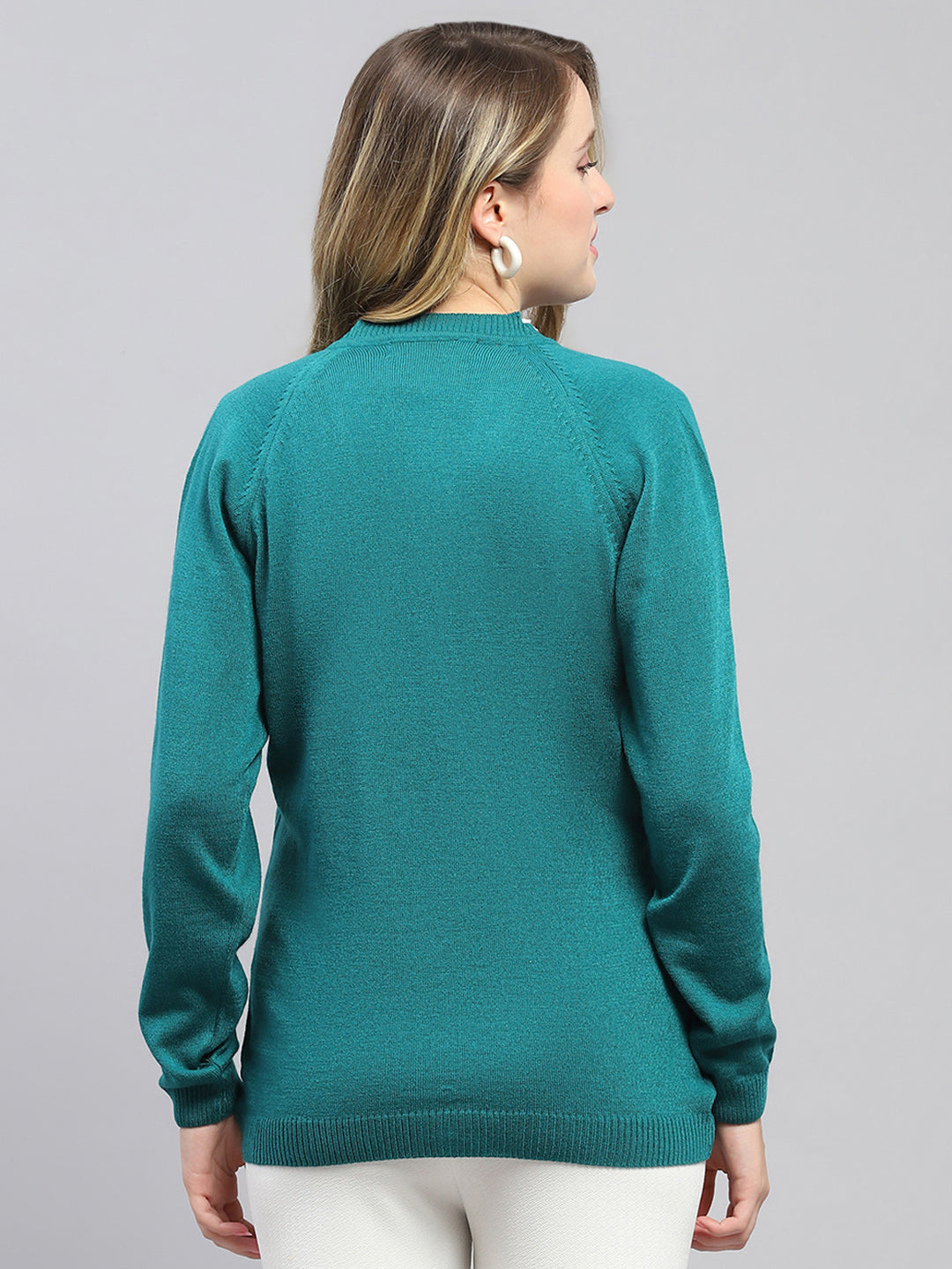 Women Teal Blue Solid V Neck Full Sleeve Cardigan