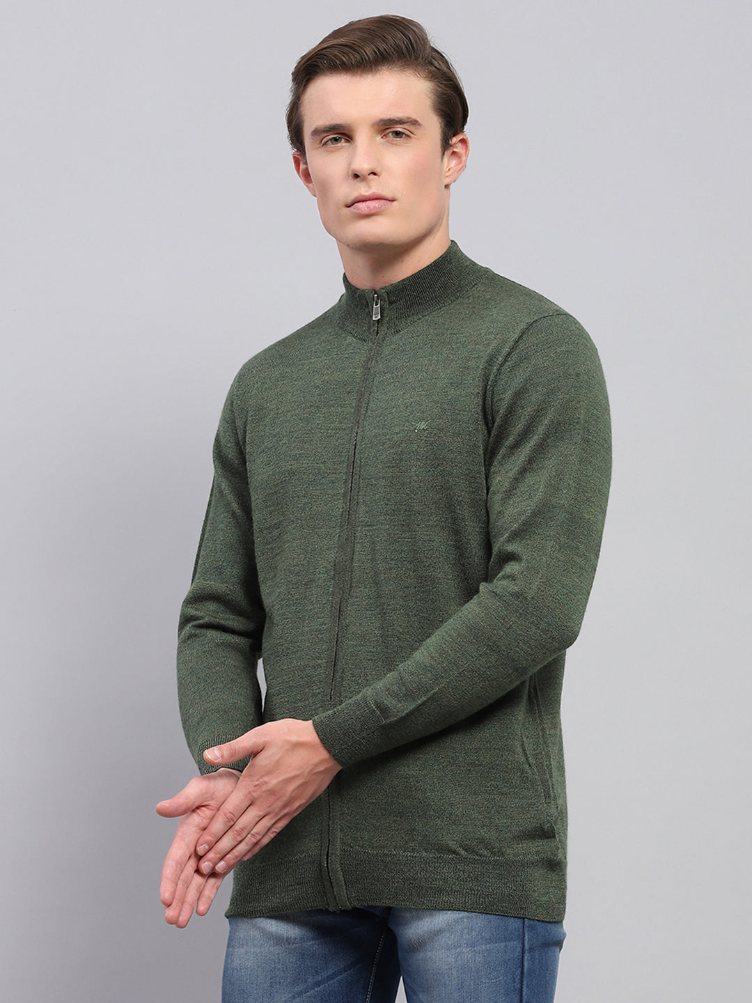 Men Green Solid High Neck Full Sleeve Pullover