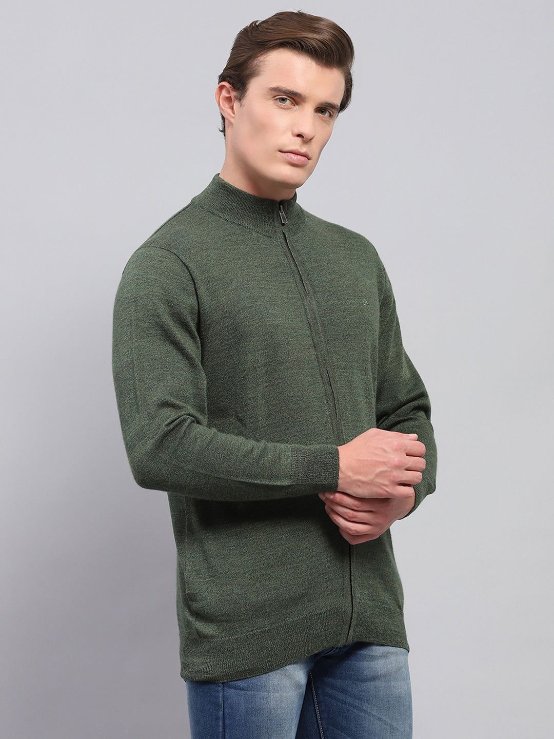 Men Green Solid High Neck Full Sleeve Pullover