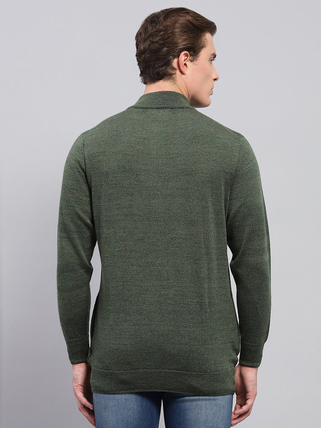 Men Green Solid High Neck Full Sleeve Pullover