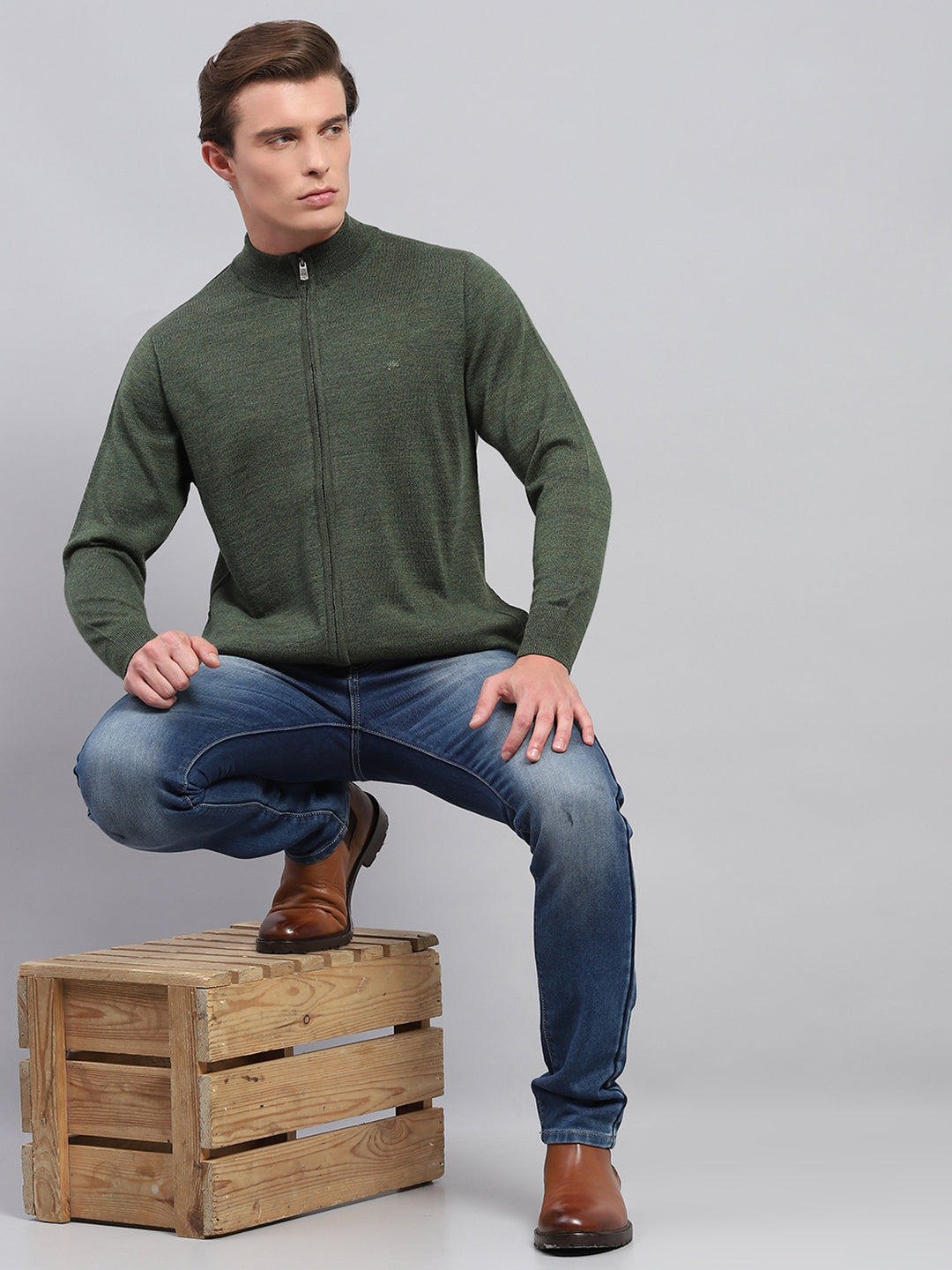 Men Green Solid High Neck Full Sleeve Pullover