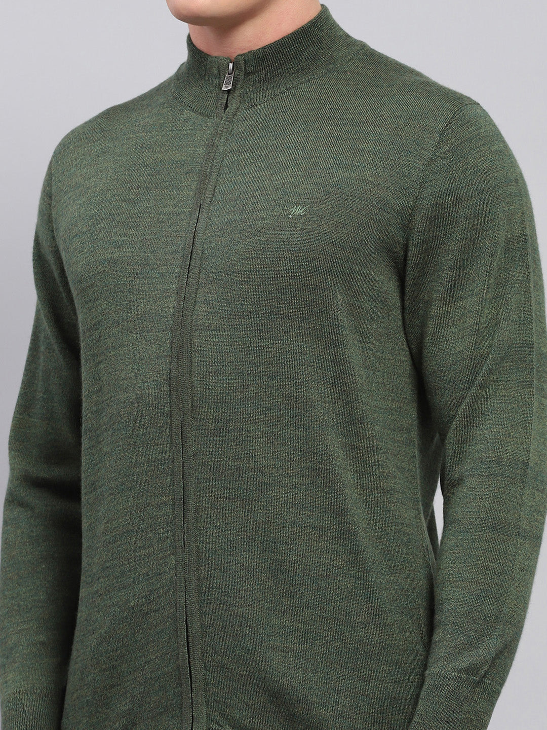 Men Green Solid High Neck Full Sleeve Pullover