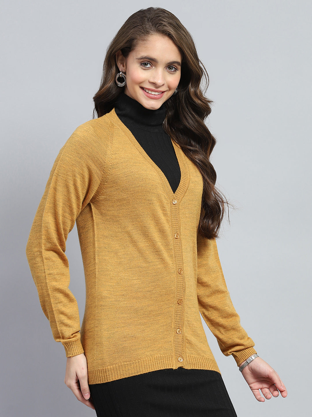 Women Yellow Solid V Neck Full Sleeve Cardigan