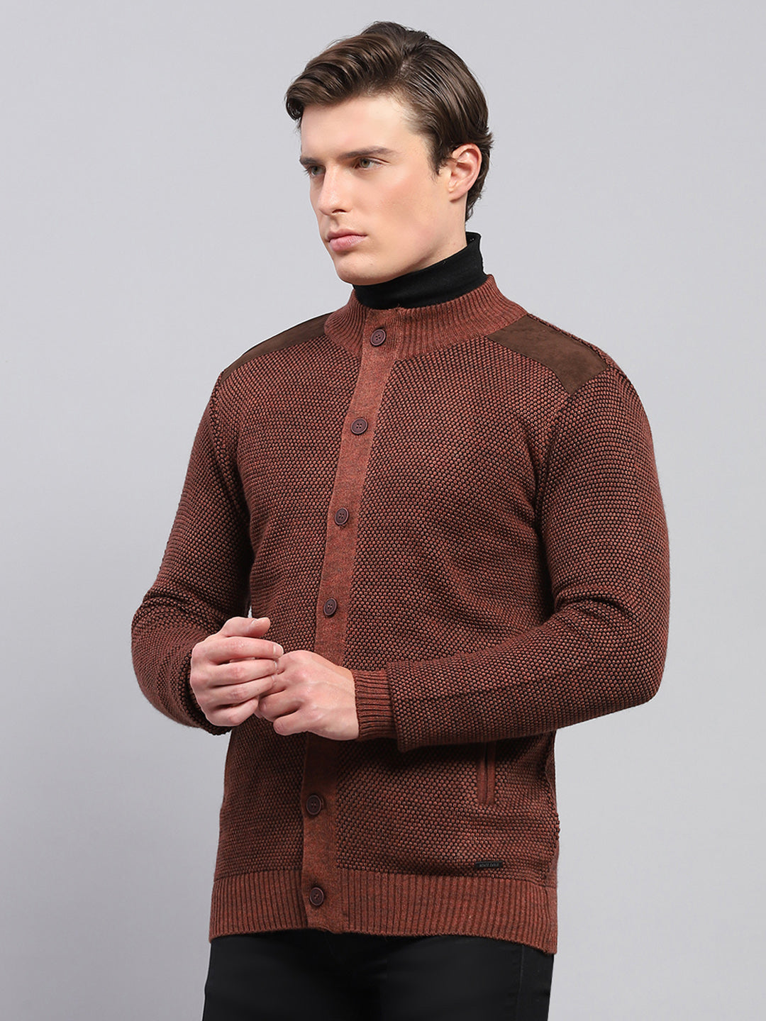 Men Brown Self Design High Neck Full Sleeve Pullover