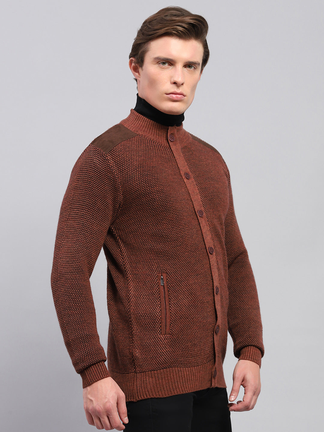 Men Brown Self Design High Neck Full Sleeve Pullover