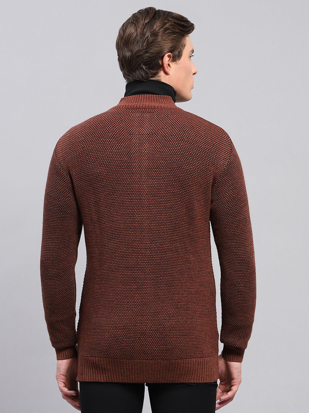 Men Brown Self Design High Neck Full Sleeve Pullover