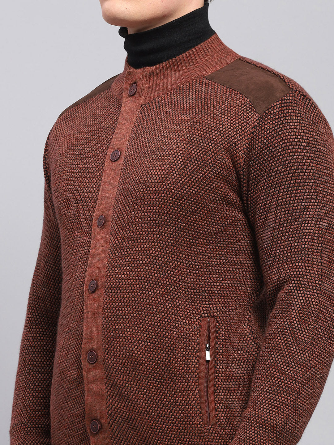 Men Brown Self Design High Neck Full Sleeve Pullover