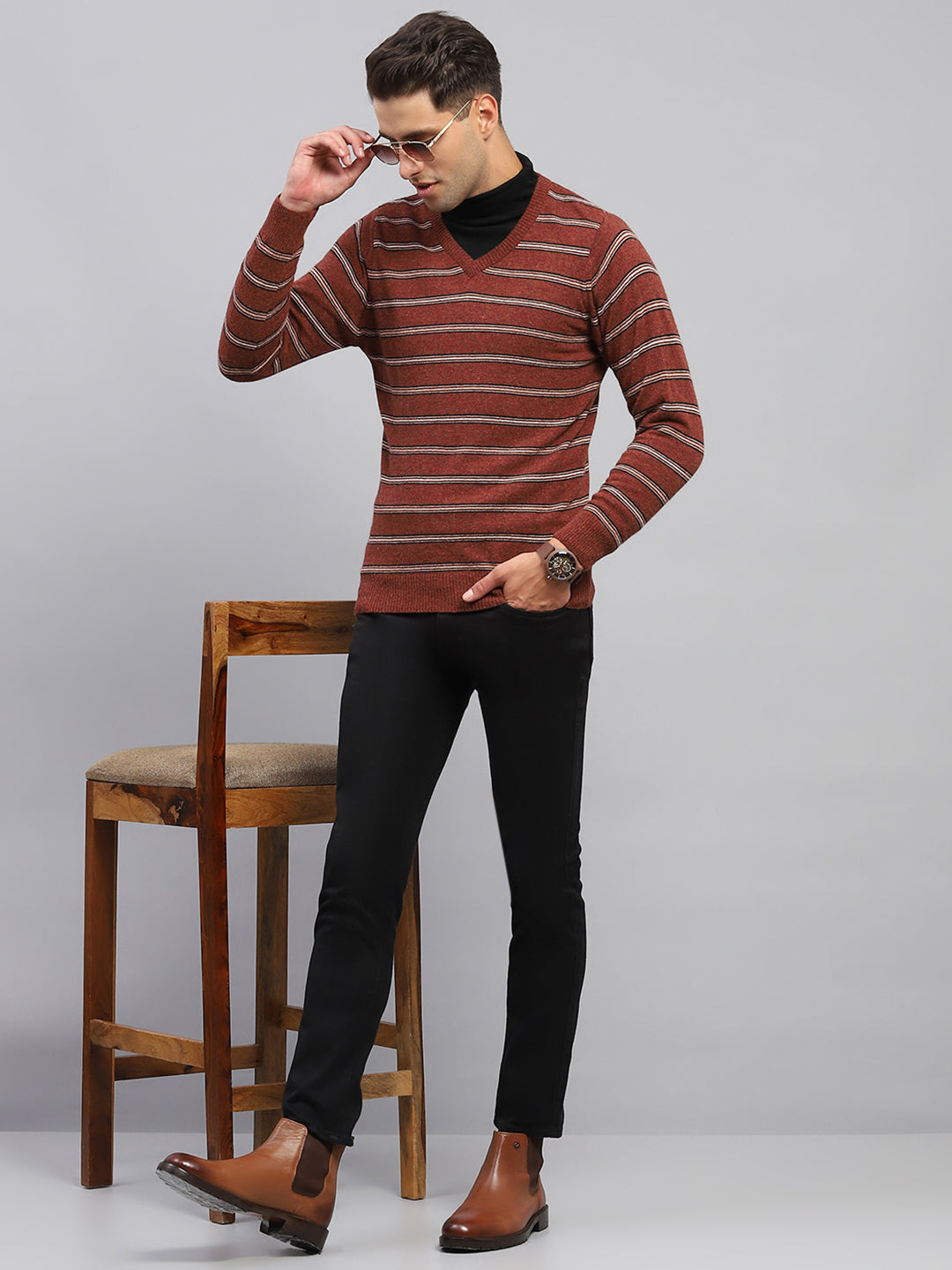 Men Rust Stripe V Neck Full Sleeve Pullover