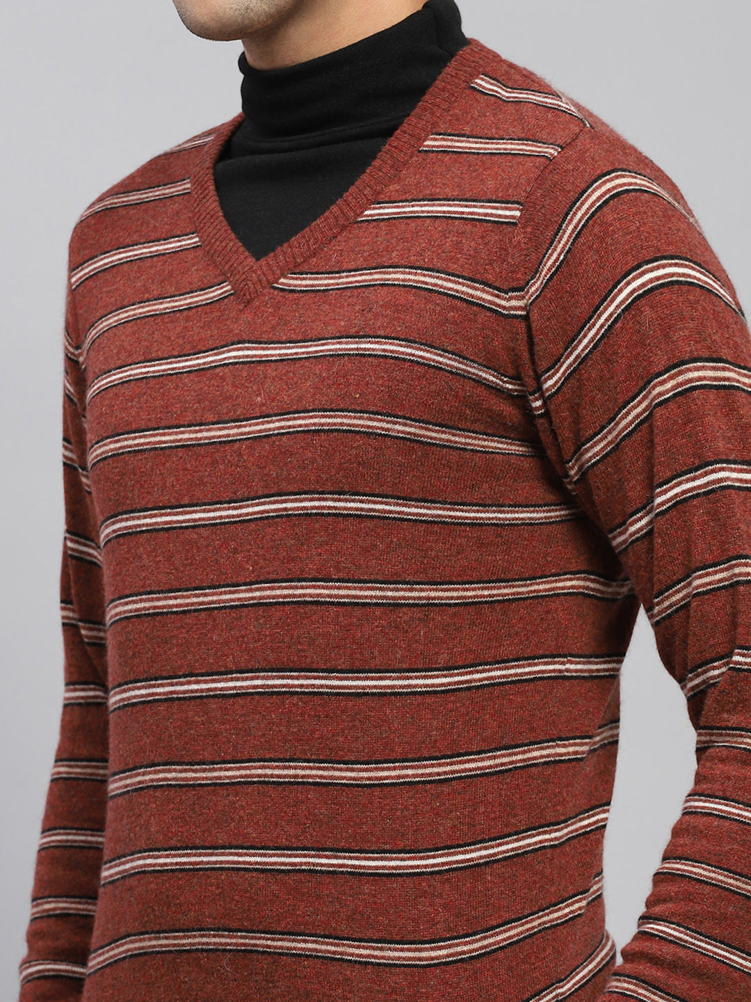 Men Rust Stripe V Neck Full Sleeve Pullover