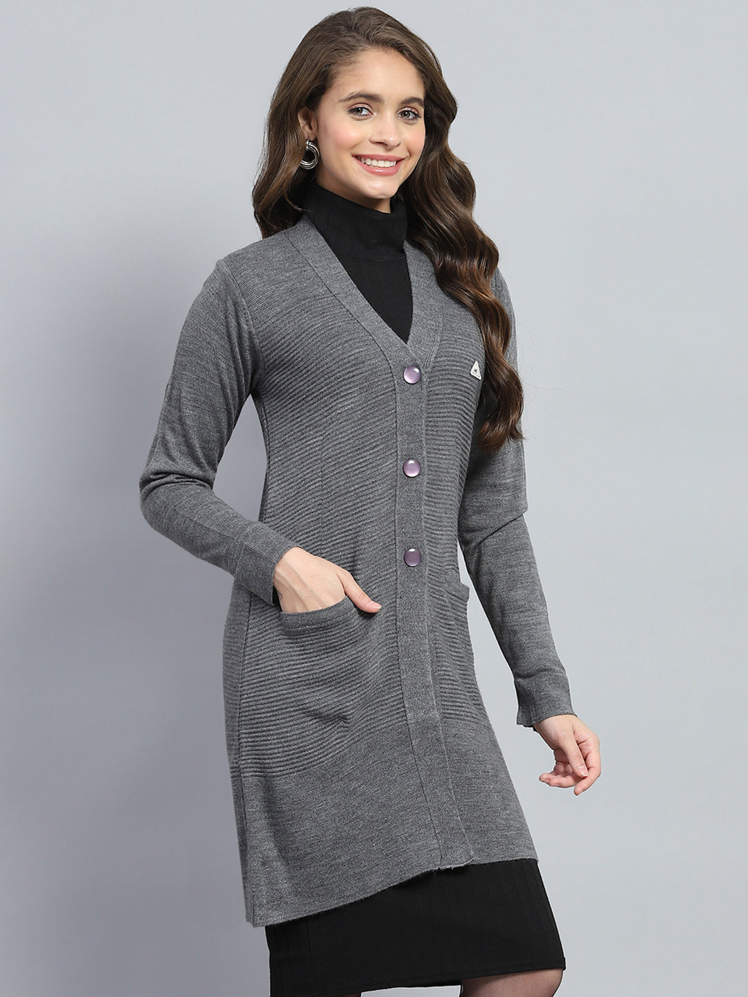 Women Grey Self Design V Neck Full Sleeve Cardigan